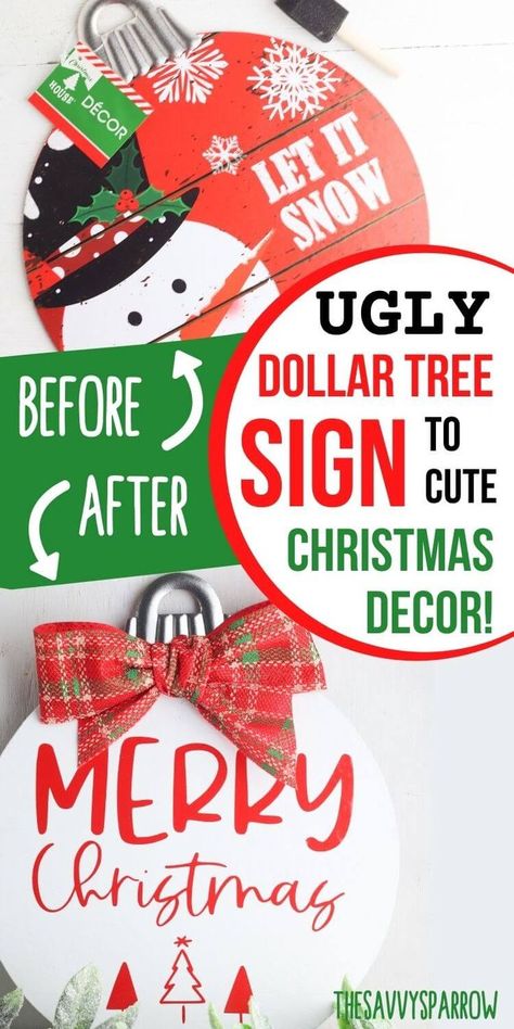 Looking for easy DIY Christmas signs to make and sell or keep for your own DIY Christmas decor? These cute round wood DIY holiday signs are so easy to make using an upcycled Dollar Tree ornament sign. Simply paint it and use your Cricut or hand stencil with carbon paper... super easy to do! Makes awesome DIY farmhouse Christmas signs to sell at craft fairs, too, because they're so cheap to make! Dollar Tree Christmas Wood Signs Diy, Dollar Tree Christmas Signs Makeover, Dollar Tree Christmas Signs Diy, Signs To Make And Sell, Homemade Signs Wood Easy Diy, Wood Christmas Signs Diy, Christmas Door Signs Diy, Christmas Round Wood Signs Diy, Dollar Tree Christmas Signs