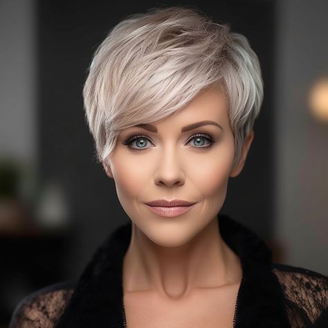 Short Asymmetrical Haircut Fine Hair, Short Hairstyle Women Side Part, Side Swept Bangs Short Hair, Gray Pixie Haircut Over 50, Short White Hair, Short Hair Images, Swept Bangs, Short Hair Pixie Cuts, Pixie Haircut For Thick Hair