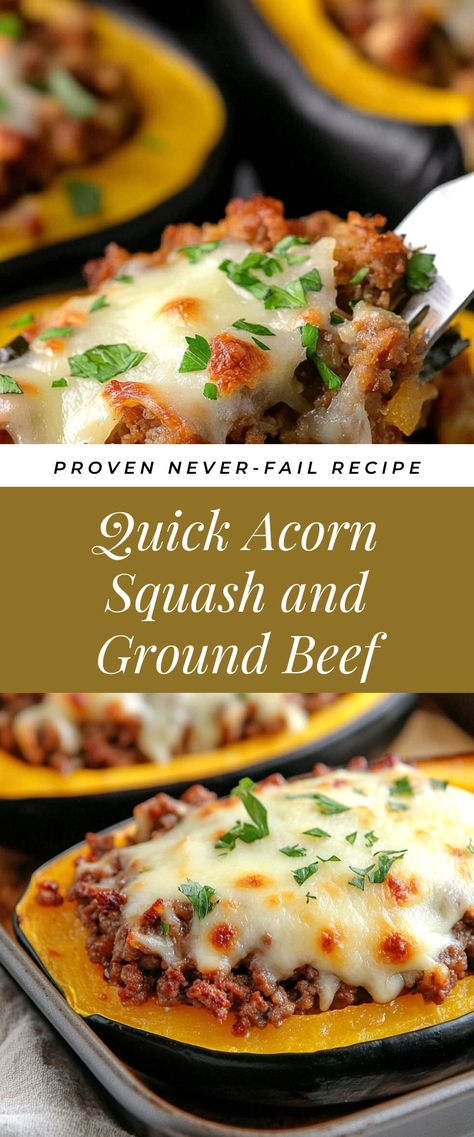 Image for Quick Acorn Squash and Ground Beef Acorn Squash And Ground Beef, Ground Beef Acorn Squash, Beef Butternut Squash, Potatoes For Dinner, Easy Dinner Sides, Ground Beef Dinner, Meat And Potatoes, Ground Beef Dishes, Butternut Squash Recipes