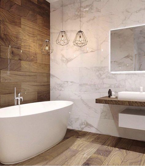 Marble And Wooden Bathroom, Marble And Wood Bathroom Ideas, Bathroom Inspiration Modern, Bathroom Layout, Minimalist Bathroom, Bath Tub, Bathroom Designs, Beautiful Bathrooms, Modern Bathroom Design