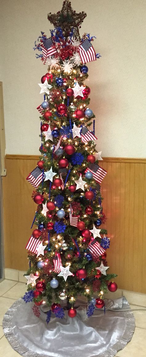 Patriotic Tree Patriotic Trees Christmas, Usa Christmas Tree, Seasonal Tree Decorations, Marine Corp Christmas Tree, Patriotic Christmas Tree Ideas, Patriotic Tree Decorations, Seasonal Tree, Patriotic Tree, Americana Christmas Tree