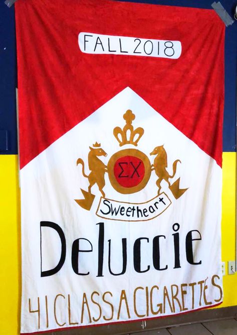 Sweetheart banner for Sigma Chi, Eta Omicron from Delta Zeta, Gamma Phi 💛💙  #Sigmachi #inhoc #sweetheartbanner #greekbanners #fratbanners Frat Banner Ideas, Frat Banner, Sigma Chi, Banner Ideas, Delta Zeta, Gamma Phi, Sorority And Fraternity, Fraternity, Sorority