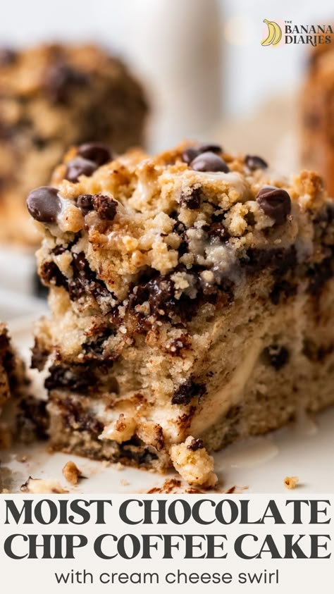 This fluffy and MOIST chocolate chip coffee cake is made without eggs and entirely dairy free, yet SO tender and moist. It's studded with melty chocolate chips and a dairy free cream cheese swirl! This is the easiest coffee cake recipe, and it tastes like a fluffy chocolate chip cookie! Coffee Cake With Cream Cheese, Dairy Free Sour Cream, Chocolate Chip Coffee Cake, Cream Cheese Swirl, Coffee Cake Recipes Easy, Dairy Free Cream Cheese, Dairy Free Cream, Vegan Christmas Recipes, Chocolate Chip Cake