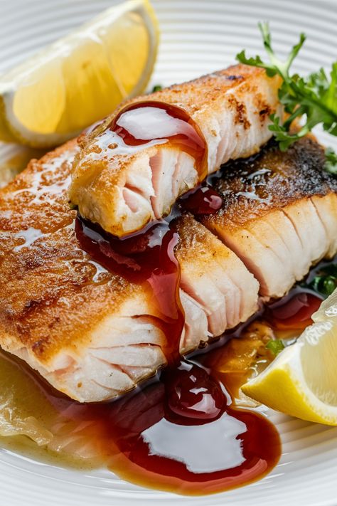 Grilled fish fillet drizzled with a dark sauce, served with lemon wedges and garnished with parsley. Sweet Fish Sauce Recipe, Sauce For Grilled Fish, Sauce Recipes For Fish, Fish Fillet Sauce, Sauces For Fish, Fish Dipping Sauce, Shrimp Sauce Recipes, Sauce For Fish, Best Sauces