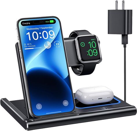 This 3-in-1 charging station is a versatile wireless charger for iPhones, Androids, AirPods, and Apple Watches. The station is portable and foldable, making it ideal for travel and offers adjustable charging angles. Equipped with 4 fast charging coils, it ensures stable charging in both horizontal and vertical positions. The station features a breathing light in the earphones area, indicating charging status and can be turned off when desired. Wireless Charger Iphone, Apple Watch Charging Stand, Wireless Charging Station, Magnetic Charger, Charger Stand, Apple Devices, Charger For Iphone, Samsung Device, Iphone Charger