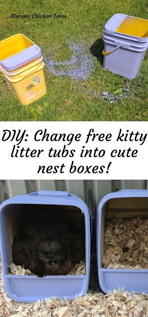 DIY: transform plastic kitty litter tubs into cute nest boxes with just a few steps. Easy to follow tutorial. #chickens #backyardchickens #homesteading #chickencoopideas Bunny Nesting Box Diy, Rabbit Nesting Boxes, Nesting Boxes For Rabbits, Diy Rabbit Nesting Box Ideas, Easy Nesting Boxes For Chickens, Rabbit Nesting Box Diy, Diy Nesting Boxes For Chickens, Rabbit Nesting Box, Chicken Laying Boxes