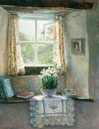 Snowdrops in the Inglenook (Stephen Darbishire) Stephen Darbishire, Window Interior, Spring Window, English Art, Oil Painters, Paintings I Love, Window View, Window Art, Through The Window