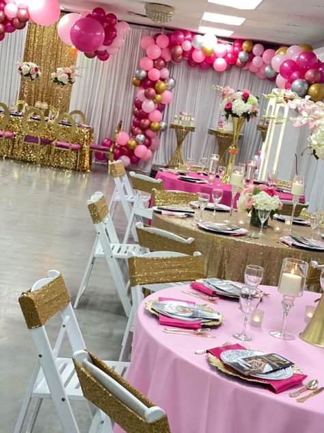 Pink And Gold Party Table Decor, Light Pink Dark Pink Gold Party, Pink Silver And Gold Birthday Decorations, Light Pink And Gold Birthday Party, Hot Pink White And Gold Party Decoration, Pink Gold Sweet 16, Pink Gold And White Party Decoration Table Settings, Pink And Gold 40th Birthday Party, Graduation Party Pink And Gold