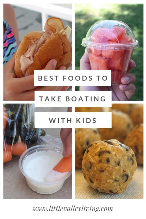 List of the best food to take when boating with kids | Boating with Kids | Boating Tips | Boating Hacks | #boatinghacks #boatingideas #boatingfood #boatingsnacks Lake Hacks For Kids, River Day Food Ideas, Lunch Ideas For Boat Trip, Snacks For Fishing Trip, Foods To Take On A Boat, Boat Food Snacks, Snacks For The Boat Easy, Boating Snacks Pontoon, Breakfast On Boat