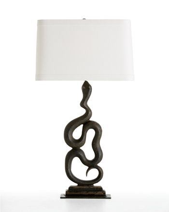 An exquisite cast iron snake slithers toward the off-white rectangular linen shade of the Heath lamp by @arteriorshome ($900). Slytherin Library, Snake Table, Snake Lamp, Slytherin Room, Mysterious House, Snake Decor, Fraternity House, Instyle Decor, Tall Table Lamps