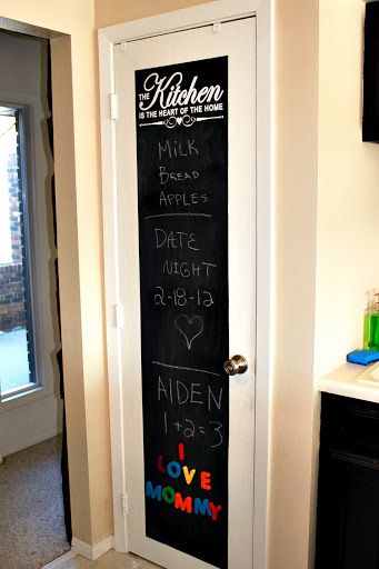 Here is the second post on the redo of my pantry door. (See first post here.) If you remember, back in June I commented on my kitchen remodel that I had grand plans for my super plain pantry door.A... Pantry Door Diy, Diy Pantry Door, Chalkboard Pantry Doors, Painted Pantry Doors, Kitchen Pantry Door, Door Redo, Pantry Redo, Diy Chalkboard Paint, Painted Pantry