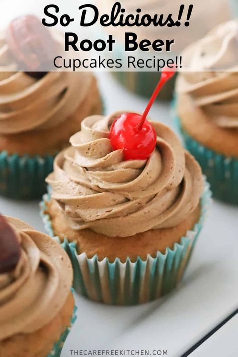 Anyone that loves root beer will fall in love with these delicious Root Beer Float Cupcakes. The soft and tender cupcakes are made with real root beer and root beer extract and topped with root beer buttercream frosting. #thecarefreekitchen #cupcakes #rootbeer #rootbeerfloat #rootbeerextract #buttercream #frosting #summer #dessert Root Beer Cupcakes, Root Beer Float Cupcakes, Rootbeer Float Cupcakes, Bbq Dessert, Beer Cake, Beer Float, Brownie Desserts, Root Beer Float, Cupcake Flavors