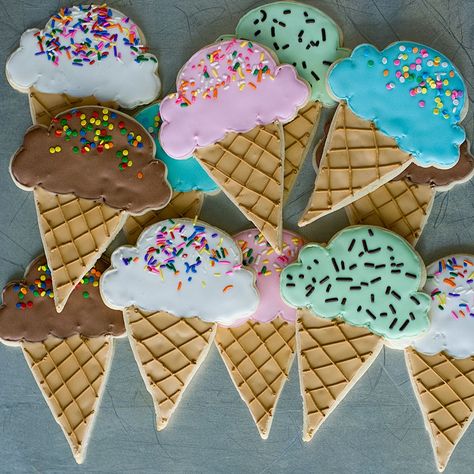 Ice Cream Shaped Cookies, Ice Cream Cone Sugar Cookies, Ice Cream Cone Cookies Decorated, Ice Cream Theme Cookies, Cookies With Sprinkles On Top, Ice Cream Cone Cookies, Cookies With Sprinkles, Summer Sugar Cookies, Sundae Cupcakes