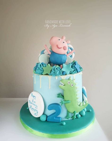 George Dinosaur Cake, George Cake Peppa, Peppa Pig Birthday Theme Decor, Peppa Pig George Cake, George Birthday Cake, George Pig Cake, George Pig Birthday Party, George Pig Birthday, Barney Birthday