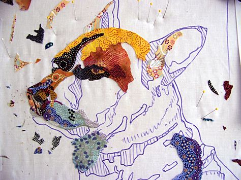 So you want to make a fabric collage quilt. Great! After choosing an image to work from, the next step in creating a fabric collage quilt is making a simple pattern. This is a critical step, one th… Quilt Stories, Photo Quilts, Appliqué Quilts, Quilt Modernen, Fiber Art Quilts, Dog Quilts, Landscape Quilts, Fabric Collage, Picture Quilts