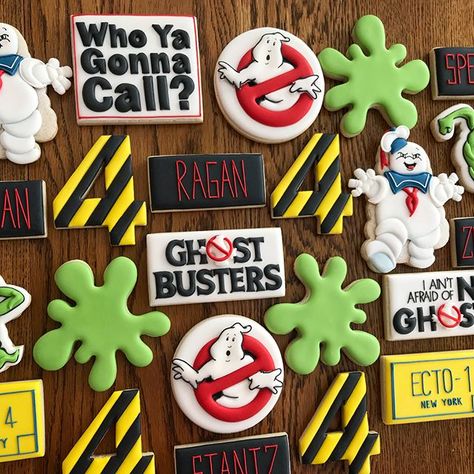 "If there's something strange in your neighborhood Who you gonna call? (Say it with me....Ghostbusters!) If there's something weird And it don't look good Who you gonna call? Ghostbusters!!" . Always love making cookies for Ragan! Happy Birthday little man! I know you caught all those ghosts! #ghostbusters #ghostbusterscookies #slimer #staypuft #happybirthday . . . . #cookies #sugarcookies #decoratedcookies #handicedcookies #royalicing #royalicingcookies #sugarart #cookieart #cookiegram #coo... Ghostbusters Cookies, Ghostbuster Party, Ghost Busters Birthday Party, Ghostbusters Halloween, Ghostbusters Birthday, Ghostbusters Birthday Party, Ghostbusters Theme, Volunteer Ideas, Stay Puft Marshmallow Man