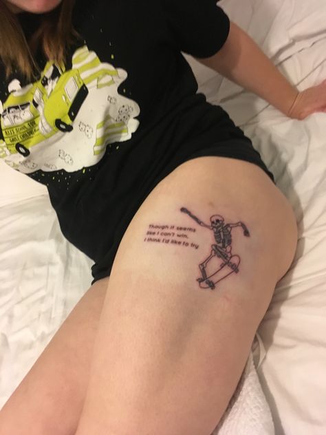 AJJ tattoo with a skateboard riding skeleton Skeleton Tattoo Skateboard, Skeleton On Skateboard Tattoo, Skateboarding Tattoo Ideas, Skeleton Riding A Skateboard, Tattoo Skate, Tattoo Aesthetics, Skate Tattoo, Skateboard Tattoo, Tat Inspiration