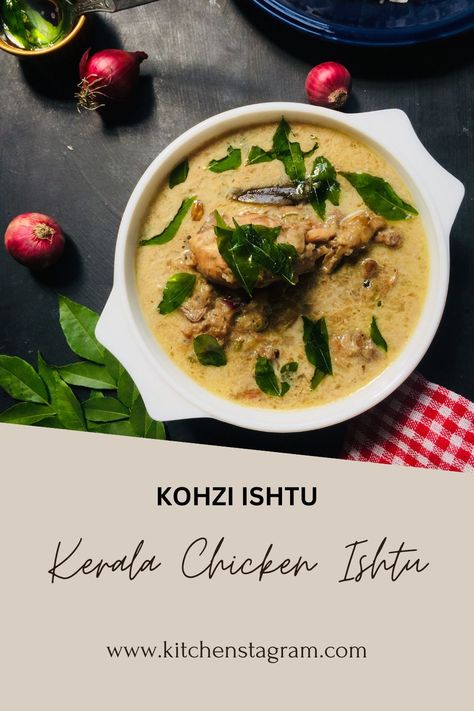 Indulge in the creamy goodness of Kozhi Ishtu, a traditional Kerala chicken stew that will tantalize your taste buds with its fragrant blend of spices, coconut milk and fresh aroma of curry leaves. Perfect for any occasion, this dish is a must try for food enthusiasts all over the world. Chicken Stew Kerala Style, Kerala Chicken Stew, Kerala Dishes Recipes, Kerala Chicken Stew Recipe, Seafood Breakfast, Potatoes Curry, Chicken Stew Recipe, Sri Lankan Recipes, Stew Chicken Recipe