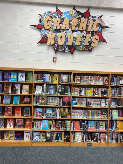 Elementary Media Center Design, Graphic Novel Library Display, Library Decoration Ideas, Bookmobile Ideas, Graphic Novel Display, Dynamic Shelving, Middle School Library Displays, Middle School Library, Library Renovation