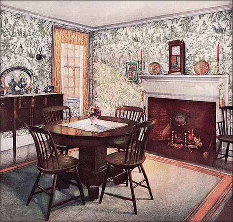 https://flic.kr/p/5Gr8QE | 1926 Traditional Dining Room | The Wallpaper Manufacturers Association managed to publish some consistently attractive advertisements during the 1920s. Most were suitable for Colonial Revival style home and featured toile patterns. 1920s Dining Room, Williamsburg Apartment, 1920s Furniture, 1940s Decor, 1920s Home Decor, 1920 Home, 1920s Home, 1920s Interior, 1920s Decor