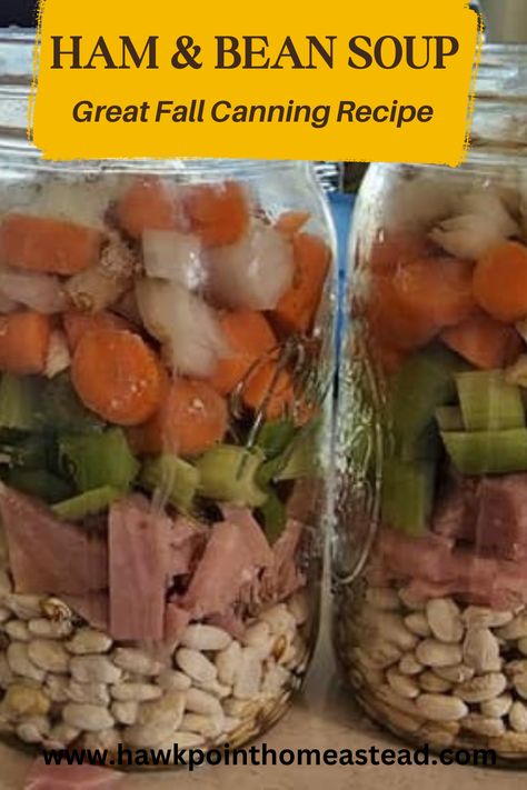 This easy recipe for canning delicious ham and bean soup is a great example of awesome things that you can preserve in jars and have on your shelf ready to eat. This simple recipe is very easy to make, just add ingredients to a jar and put in the pressure canner. It does not require cooking the beans, just some chopping up of the ham and vegetables. It is also a great way to use up that leftover holiday ham! Pressure Canned Ham And Bean Soup, Pressure Canning Potato Soup, Pressure Canning Cabbage Soup, Ham Canning Recipes, Canning Leftover Ham, Canning Navy Beans And Ham, Canning Bean Soup Recipes, Ground Beef Canning Recipes, Soup For Canning Recipes