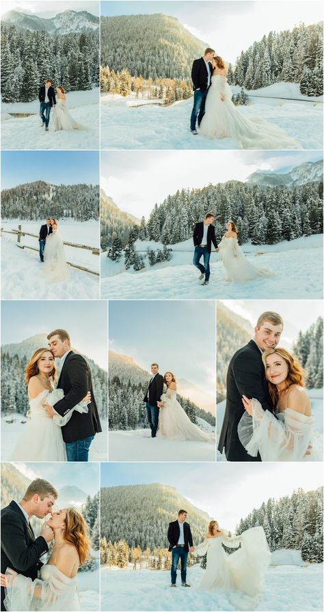 Colorado Winter Wedding Dress, Winter Wedding Photography Poses, Winter Mountain Wedding Dress, Winter Bridal Photoshoot, Winter Wedding Details, Snow Wedding Pictures, Snow Wedding Photos, Winter Wedding Pictures, Utah Bridals