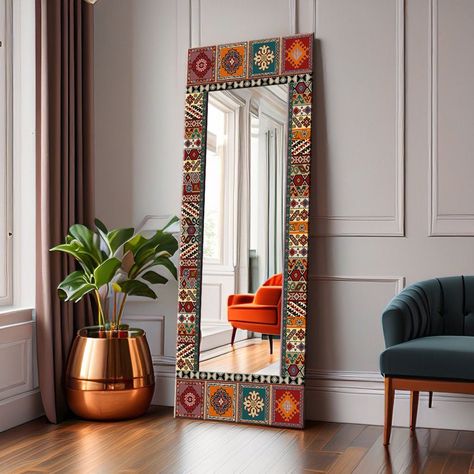 Indian Mirror Decor, Big Mirror In Living Room, Marocco Interior Design, Mirrors In Living Room Ideas, Tropical Mirror, Full Lenght Mirror, Tile Mirrors, Full Length Mirror In Bedroom, Bedrooms Interior