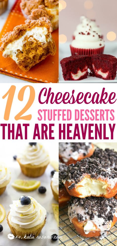 12 Cheesecake Stuffed Desserts That are Heavenly | Have you ever tried a cheesecake stuffed dessert before? Making cheesecake stuffed desserts is a heavenly surprise that everyone will totally love. It turns out it's easy to stuff your favorite desserts with cheesecake! Cheesecake filling for the ultimate dessert! #cheesecakedesserts #stuffeddesserts #easydessertrecipes #xokatierosario Desserts With Cheesecake, Stuffed Desserts, Making Cheesecake, Pumpkin Cheesecake Muffins, Key Lime Cheesecake, Velvet Cheesecake, Lime Cheesecake, Chocolate Bundt Cake, Cake Decorating Classes