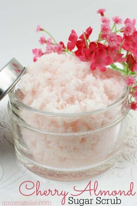 Cherry Almond Sugar Scrub Recipe - So simple, perfect as a gift for moms this Mother's day! Moisturizing and exfoliating with a great scent, she'll love this gift & treat! Sugar Scrub Homemade Recipe, Diy Sugar Scrub Recipe, Body Scrub Recipe, Sugar Scrub Homemade, Homemade Scrub, Sugar Scrub Recipe, Diy Body Scrub, Sugar Scrub Diy, Cherry Almond