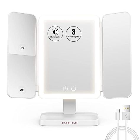 Amazon.com : EASEHOLD Lighted Makeup Mirror, Rechargeable Magnifying Mirror with Lights 1X/2X/3X, 3-Color Light Trifold Vanity Mirror, 64 LEDs, Adjustable Brightness Cosmetic Mirror for Tabletop, Bathroom, White : Beauty & Personal Care Trifold Vanity Mirror, Trifold Vanity, Makeup Vanity Mirror With Lights, Light Up Mirror, Mirrors For Makeup, Mirror Words, Lighted Makeup Mirror, Portable Mirror, Trifold Mirror