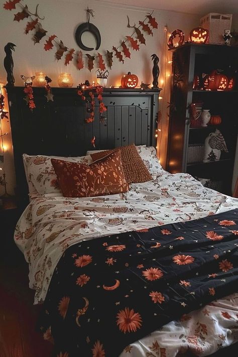 #HalloweenBedroom #SpookyDecor #HauntedHouse #TrickOrTreat #GhoulishBedroom #PumpkinPatches #WitchyVibes #CreepyCrawlies #GhostlyBedroom #CostumeParty #FrightNight #HalloweenHome #ScaryDecor #Boo-tifulBedroom #JackOLanterns Spooky Bedroom Decor, Halloween Themed Bedroom, Eerie Lighting, Spooky Bedroom, Fall Room Ideas, Halloween Bedding, Halloween Bedroom Decor, Autumn Room, Fall Room