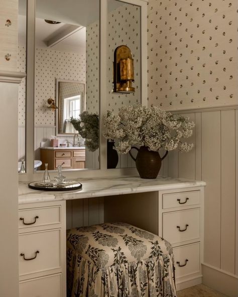 All Posts • Instagram Garrison House, Vanity Nook, Built In Vanity, Base Moulding, Amber Lewis, Vanity Area, Transitional Bathroom, Cafe Curtains, Vanity Stool