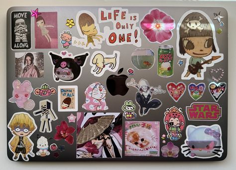 Macbook Sticker Case, Laptop Covered In Stickers, Computer Stickers Aesthetic, Laptop With Stickers, Sticker Website, Life Is Only One, Macbook Case Stickers, Laptop Case Stickers, Laptop Decoration