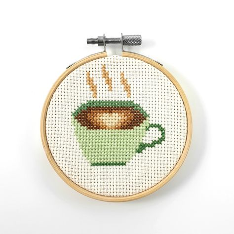 Coffee cross stitch pattern Cross Stitch Coffee, Coffee Cross Stitch Pattern, Coffee Cross Stitch, Mini Loom, Stitch Coffee, Coffee Pattern, Small Patterns, Xstitch Patterns, Girls Dress Sewing Patterns