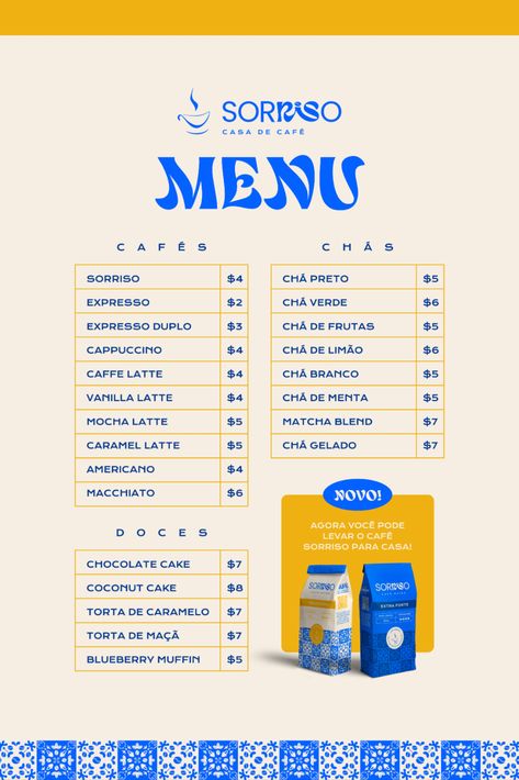 Menu design for a Portugal brand. The briefing included the need of a pattern based on the unique tiles that are traditional in Portugal, and I used the colors blue and yellow to represent that. Traditional Menu Design, Menu Cafe Design, Coffee Shop Menu Design, Shop Menu Design, Cafe Social Media, Brand Brief, Unique Tile Patterns, Unique Tiles, Cafe Menu Design