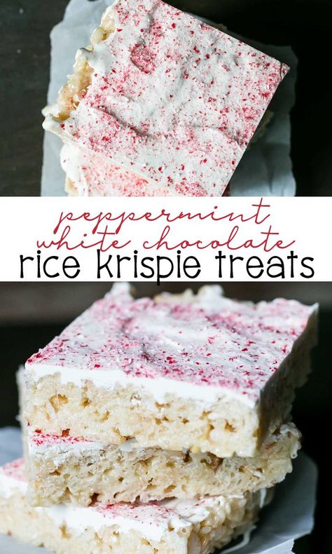 White Chocolate Peppermint Rice Krispies, Peppermint Rice Crispy Treats, Winter Rice Crispy Treats, Peppermint Rice Krispie Treats, Xmas Sweets, Peppermint White Chocolate, Rice Krispie Treats Christmas, Christmas Rice, Meaningful Eats