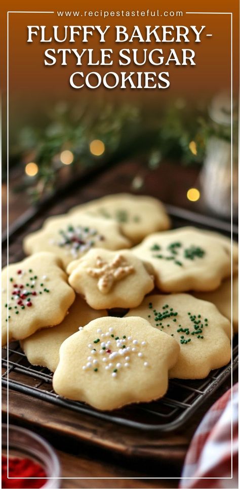 These Fluffy Bakery-Style Sugar Cookies are soft, thick, and melt-in-your-mouth delicious! Perfect for decorating, they hold their shape beautifully and are fun to make for any occasion. With a subtle hint of almond, they’re the ultimate sugar cookie experience! Puffy Sugar Cookie Recipe, Cake Like Sugar Cookie Recipe, Thick Cookie Recipes, Fluffy Sugar Cookies, Almond Sugar Cookies, Cookie Spread, Soft Sugar Cookies, Almond Flavor, Baking Cookies