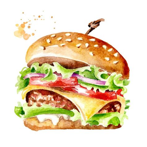 Fresh tasty burger. Watercolor hand drawn illustration, isolated on white background. stock illustration Burger Watercolor, Burger Drawing, Tasty Burger, Watercolor Food Illustration, Food Sketch, Watercolor Food, Delicious Burgers, Kitchen Posters, Sketch Illustration