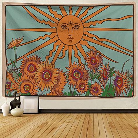 Sun Mural Wall, Hippie Wall Painting, Hippie Room Inspo, Sun Mural, Sunflower Tapestry, Sunflower Orange, Wall Painting For Bedroom, Tapestry Curtains, Teal Watercolor