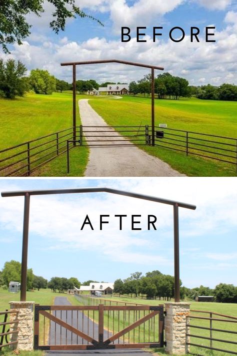 Front Gate Entrance Driveway Rustic, Ranch Style Driveway Entrance, Country Fencing Ideas Ranch, Ranch Front Gate Entrance, Cedar Gates Entrance, Ranch Ideas Outdoor, Farm Gate Entrance Ideas, Cattle Gate Ideas Driveway Entrance, Ranch Entryway Driveway