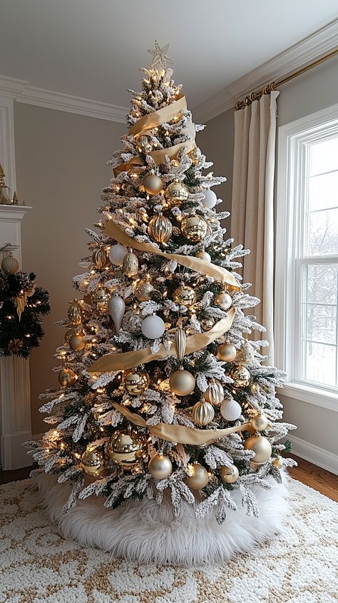 Step into a winter wonderland! 🎄✨ This stunning Christmas tree is adorned with shimmering gold and elegant white ornaments, creating a magical ambiance. The soft glow of fairy lights reflects off the lush snow-draped branches, making your holiday season truly enchanting. ❄️🕯️ #Christmas #tree #holiday #decor #winter #wonderland #gold #white #cozy #festive #magic Christmas Tree With Feathers, White Snow Christmas Tree, Pagan Christmas Tree, Christmas Tree Feathers, Christmas Tree Display, Pagan Christmas, 2025 Christmas, Tree Display, Golden Decor