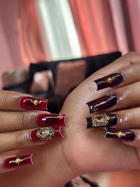 Gold Red Black Nails, Red Black Gold Nails, Black With Red Aura Nails, Black Red Aura Nails, Red Gold Black Nails, Black Red And Gold Nails, Black And Red Aura Nails, Red And Orange Aura Nails, Dark Red Acrylic Nails Design