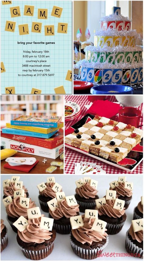 Game night ideas...14th birthday soon! Yahtzee Party Ideas, Board Game Wedding Shower Theme, Game Night Event Decor, Board Game Food Theme, Board Game Food Ideas, Board Game Theme Party Decorations, Game Night Theme Party, Board Game Party Theme, Board Game Party Decorations