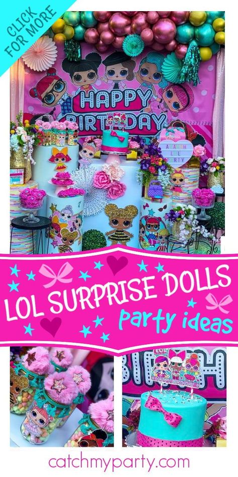 Take a look at this cute Lol Surprise Dolls birthday party! The dessert table is adorable! See more party ideas and share yours at CatchMyparty.com #catchmyparty #partyideas #lolsurprisedolls #lolsurprisedollsparty #girlbirthdayparty Lol Surprise Party Games, Lol Surprise Dolls Party Games, Lol Doll Birthday Party Ideas, Lol Birthday Party Ideas, Lol Surprise Dolls Party Ideas, Birthday Lol Surprise, Lol Birthday, Birthday Lol, Girl Bday Party