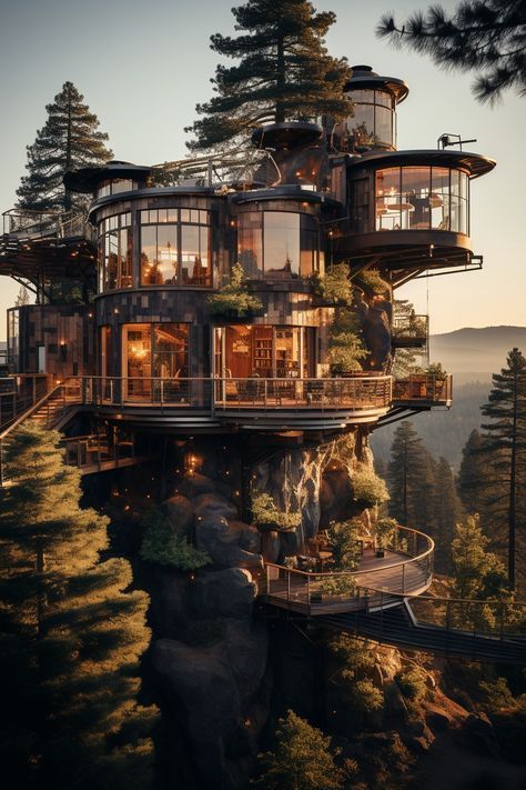 Luxury Tree House Mansions, Futuristic Tree House, Tree House Mansion, Tree House Designs Simple, Large Tree House, Treehouse Homes, Treehouse Mansion, Glass Treehouse, Cliff Palace