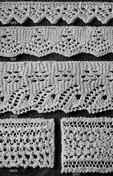 Knitted Edging patterns Nos. 1866 to 1870 originally published in Star Book of 100 Edgings. #edging #edgingpatterns Edge Knitting Pattern, Knit Lace Edge Pattern, Lacy Knit Patterns, Knitted Edging Patterns Free, Knit Lace Border Pattern, Lace Border Knitting Pattern, Knitted Lace Edging Patterns Free, Knit Lace Edging Pattern Free, Knitted Borders And Edges Patterns