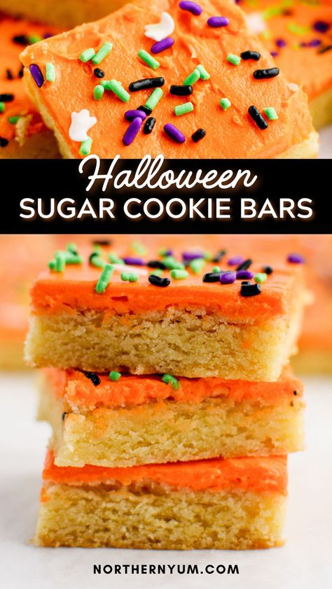 Halloween Sugar Cookie Bars Halloween Party Dessert Table, Sugar Cookie Bars Recipe, Sugar Cookie Bar Recipe, Halloween Themed Desserts, Halloween Party Desserts, Halloween Deserts, Cookie Bars Easy, Halloween Cookie Recipes, Halloween Sugar Cookies