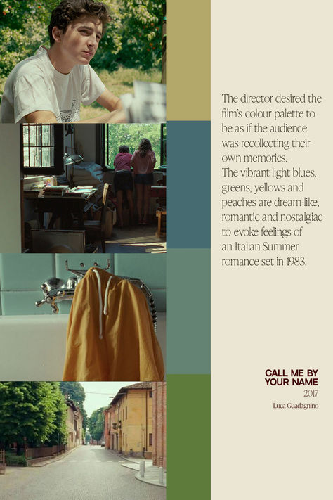 Warm nostalgiac summer color palette for the 1980's Italian romance from Luca Guagagino Call Me By Your Name Colour Palette, Italian Colors Palette, Call Me By Your Name Color Palette, Italian Color Palette, Italian Romance, Call Me By Your Name, Summer Color Palette, Summer Romance, Italian Colors