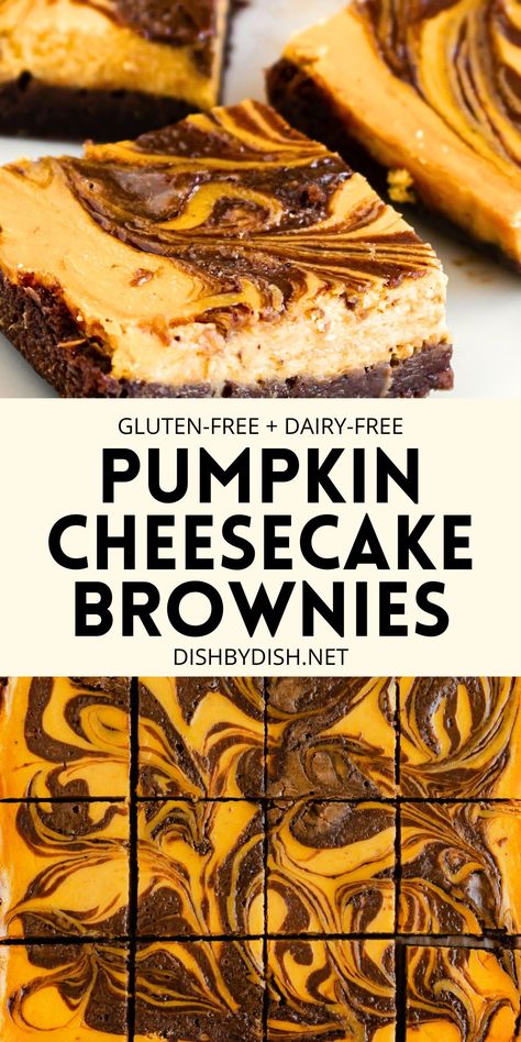 Collage of images of pumpkin cheesecake brownies Dairy Free Pumpkin Cheesecake Bars, Halloween Desserts Dairy Free, Gluten And Dairy Free Pumpkin Desserts, Fall Treats Gluten Free, Gf Df Pumpkin Dessert, Gluten Free Dairy Free Pumpkin Desserts, Pumpkin Layered Cheesecake, Gluten Free Pumpkin Brownies, Gluten And Dairy Free Fall Desserts