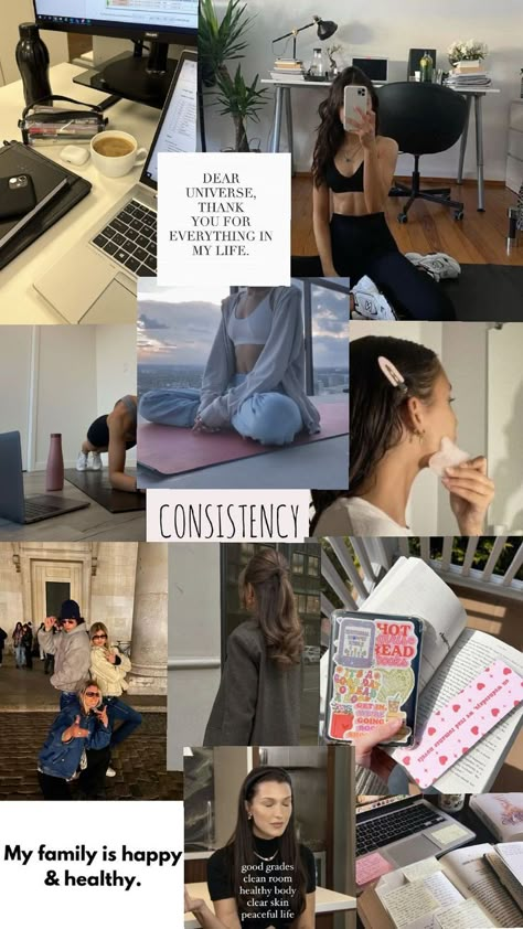 A vision board collage showing yoga, meditation, gratitude notes, healthy living, and family happiness. Family Vision Board, Healthy Affirmations, Gratitude Notes, Manifesting Vision Board, Family Happiness, Yoga Images, Life Motivation Inspiration, Dream Motivation, How To Get Motivated